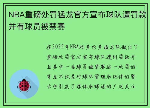 NBA重磅处罚猛龙官方宣布球队遭罚款并有球员被禁赛