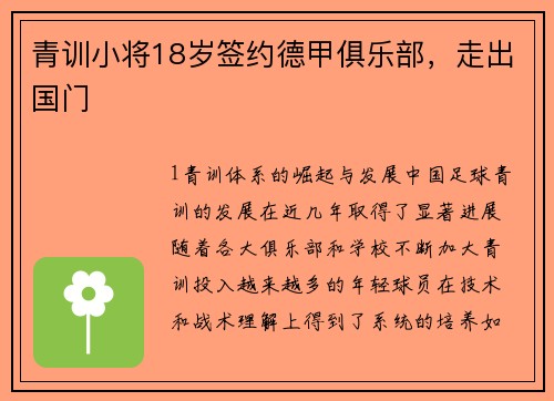 青训小将18岁签约德甲俱乐部，走出国门